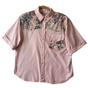 Vtg Tap & Co Floral Pink Pinstripe Button Up Shirt L Western Cottagecore Grandma